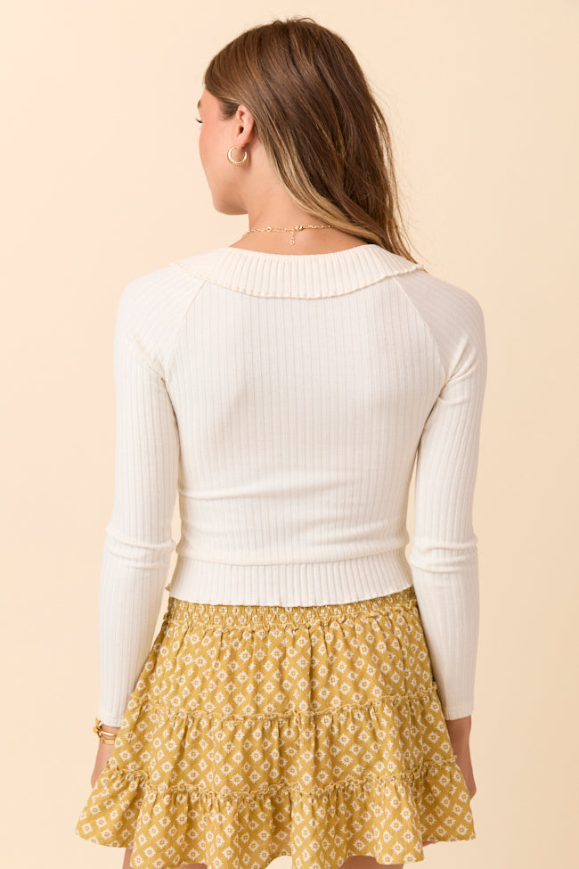 Linda Cream Ruffled Neckline Long Sleeve Knit Top-Sunny Prom