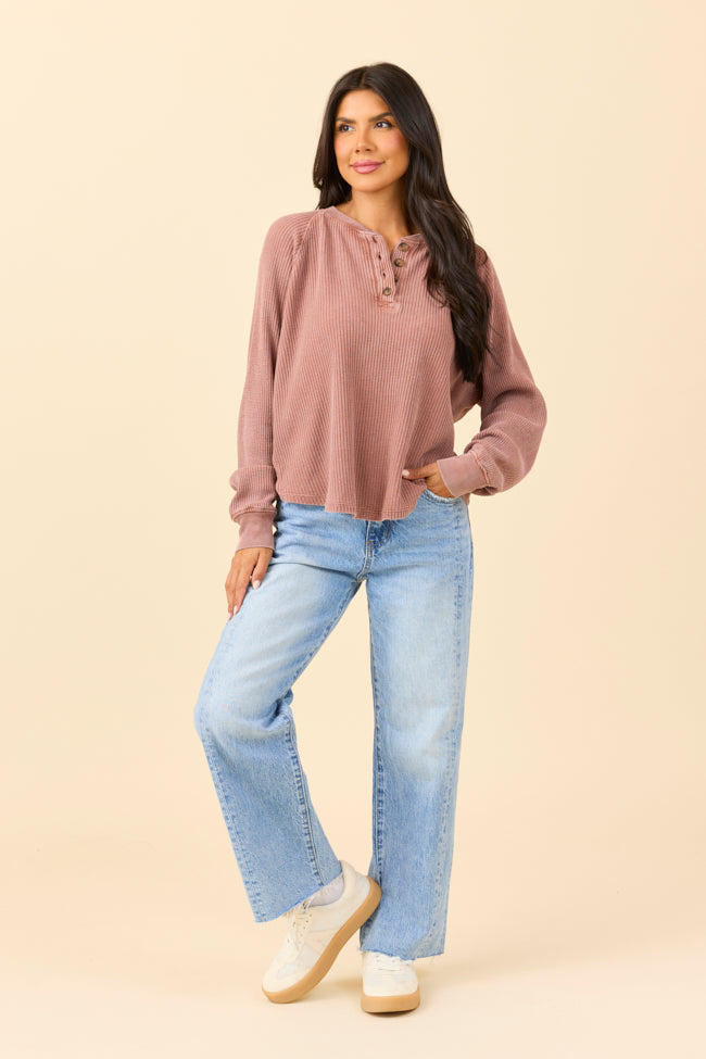 Abbie Long Sleeve Mineral Wash Chestnut Thermal Henley-Sunny Prom