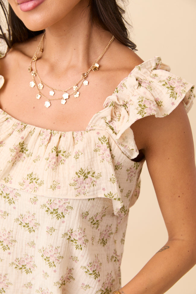 Mary Pink And Green Floral Printed Gauze Woven Tank-Sunny Prom