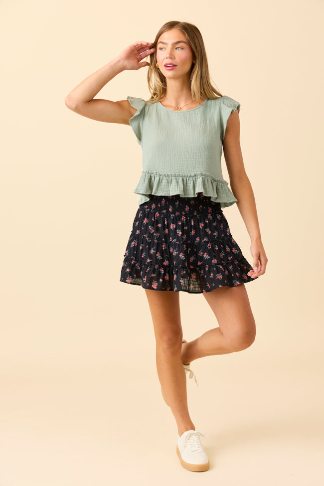 Ruby Seafoam Green Gauze Flutter Button Back Woven Blouse-Sunny Prom