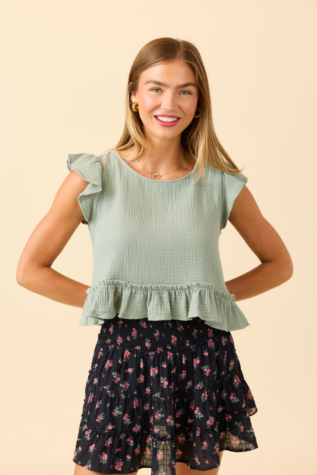 Ruby Seafoam Green Gauze Flutter Button Back Woven Blouse-Sunny Prom