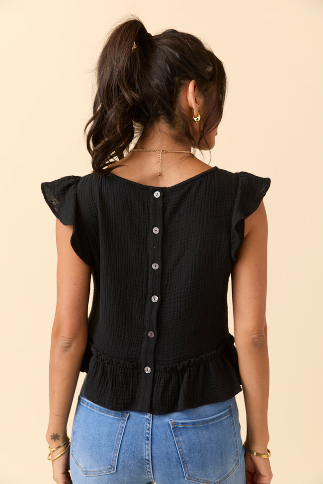 Ruby Black Gauze Flutter Button Back Woven Blouse-Sunny Prom