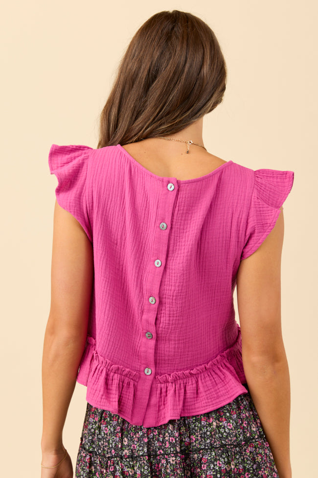 Ruby Pink Gauze Flutter Button Back Woven Blouse-Sunny Prom
