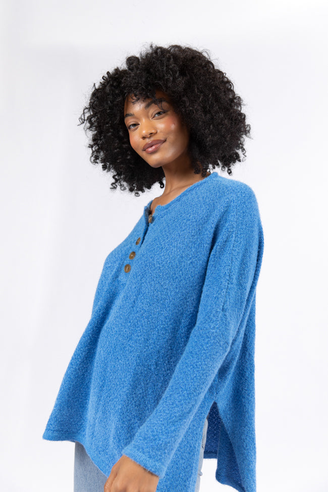 Thinking Of You Blue Fuzzy Henley Blouse FINAL SALE-Sunny Prom