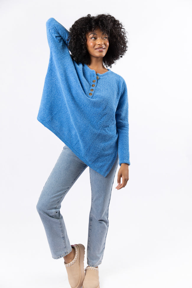 Thinking Of You Blue Fuzzy Henley Blouse FINAL SALE-Sunny Prom