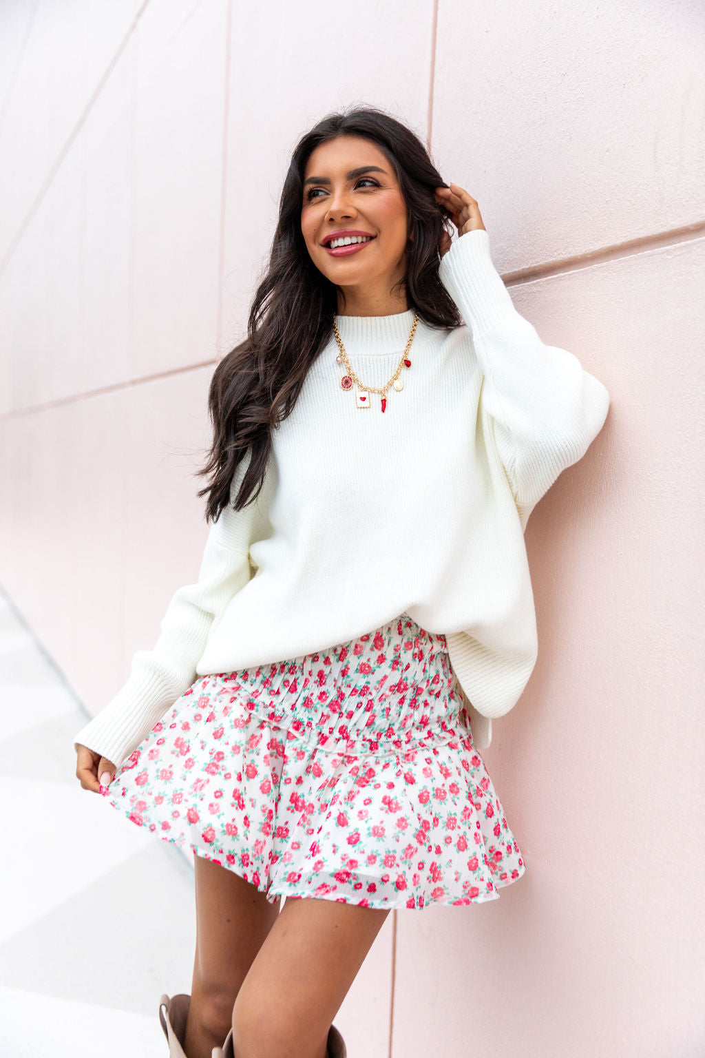 Cross My Path Ivory and Red Drop Smocked Waist Mini Skort FINAL SALE-Sunny Prom