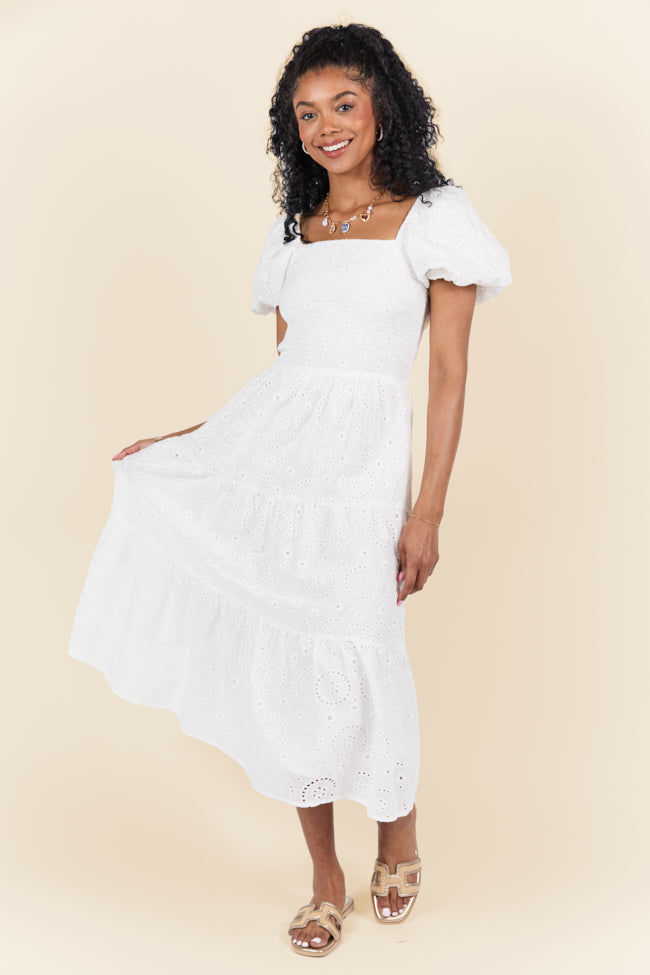 Forget Me Not White Eyelet Short Sleeve Midi Dress FINAL SALE-Sunny Prom