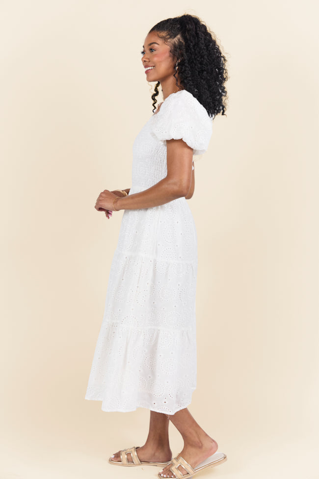 Forget Me Not White Eyelet Short Sleeve Midi Dress FINAL SALE-Sunny Prom