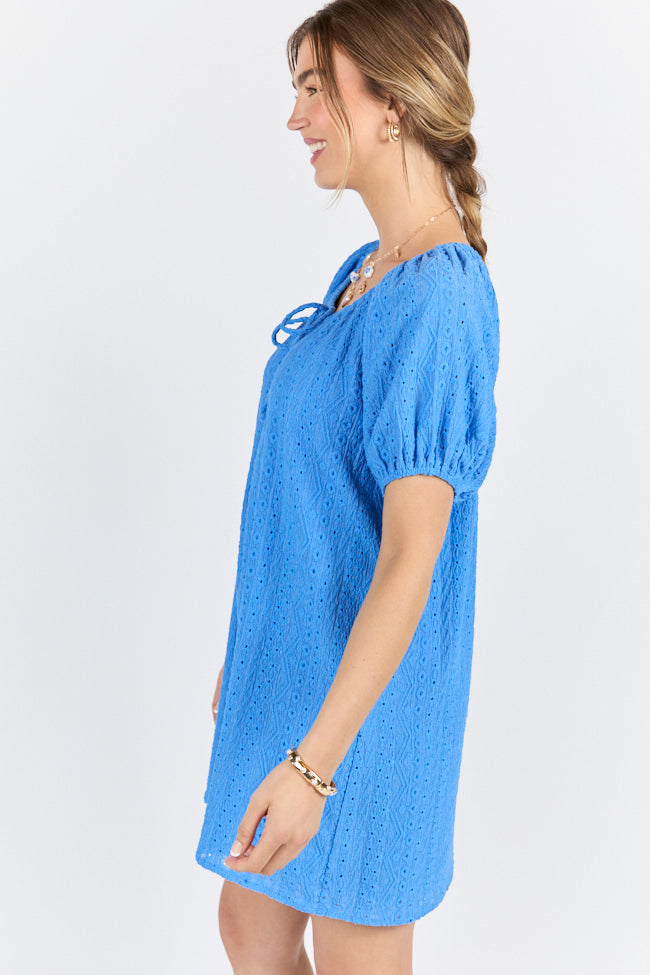 On A Whim Blue Knit Eyelet Short Sleeve Dress FINAL SALE-Sunny Prom