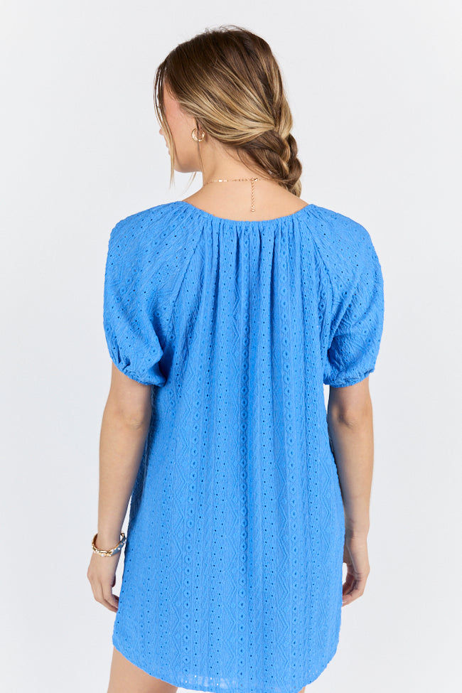 On A Whim Blue Knit Eyelet Short Sleeve Dress FINAL SALE-Sunny Prom
