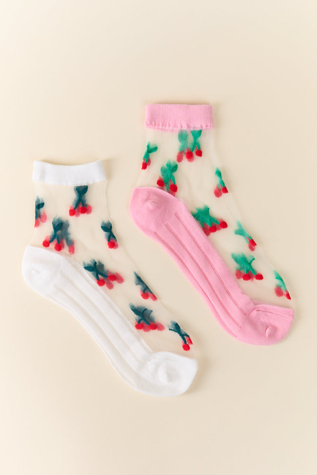 Pink Sheer Cherry Socks FINAL SALE-Sunny Prom