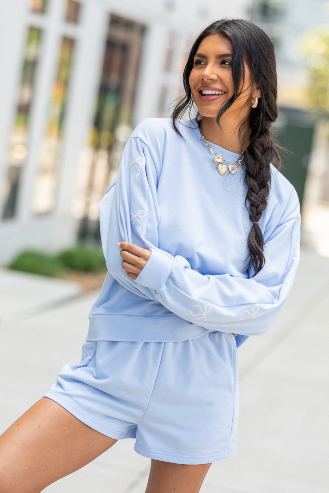 Just Imagine It Light Blue Bow Crewneck Long Sleeve Sweatshirt-Sunny Prom