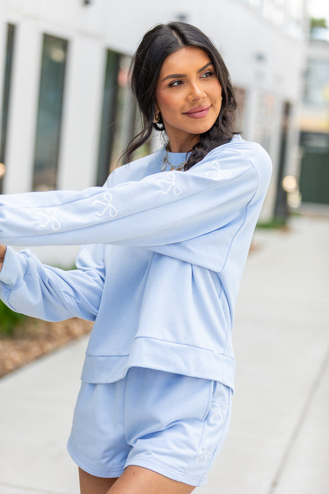 Just Imagine It Light Blue Bow Crewneck Long Sleeve Sweatshirt-Sunny Prom