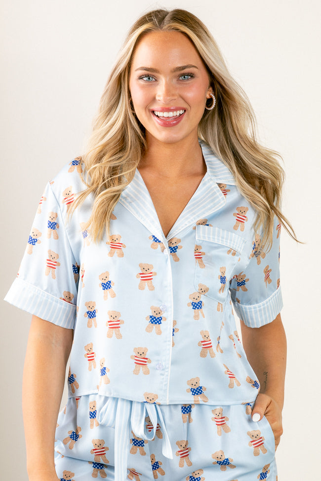 Bearly Asleep Teddy Bear Printed Short Sleeve Pajama Top FINAL SALE-Sunny Prom