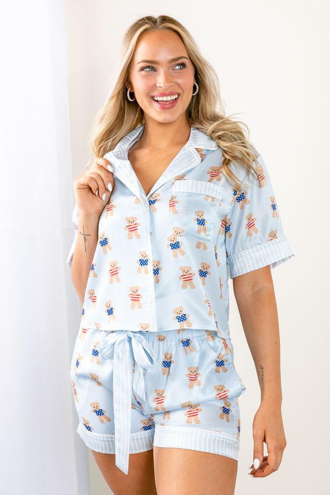 Bearly Asleep Teddy Bear Printed Short Sleeve Pajama Top FINAL SALE-Sunny Prom