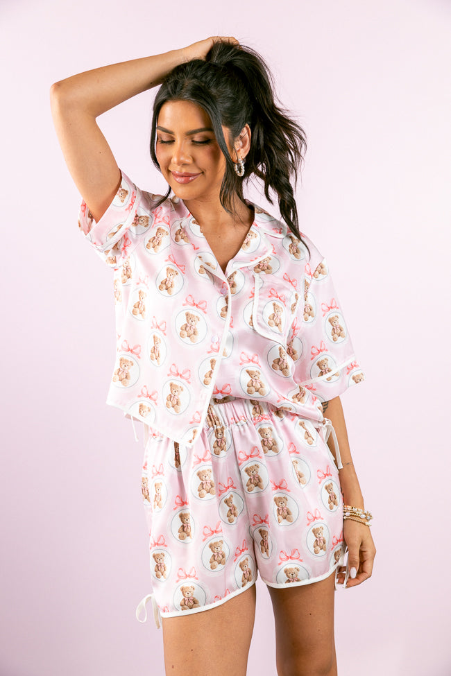 Snuggled Up Teddy Bear Printed Contrast Tie Detail Satin Pajama Shorts-Sunny Prom