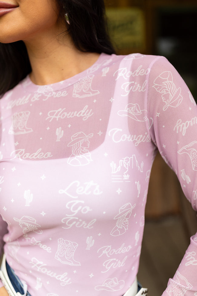 Darlene Long Sleeve Pink Cowgirl Mesh Crewneck Top-Sunny Prom