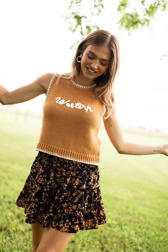 Through The Garden Black And Tan Floral Mini Skort-Sunny Prom