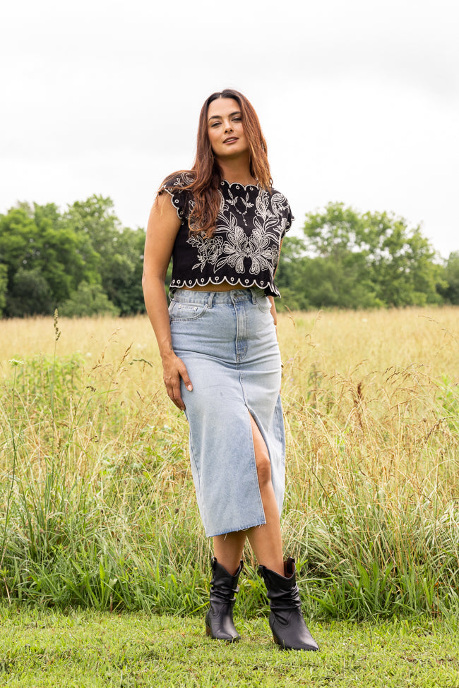 Mya Medium Wash Denim Midi Skirt-Sunny Prom