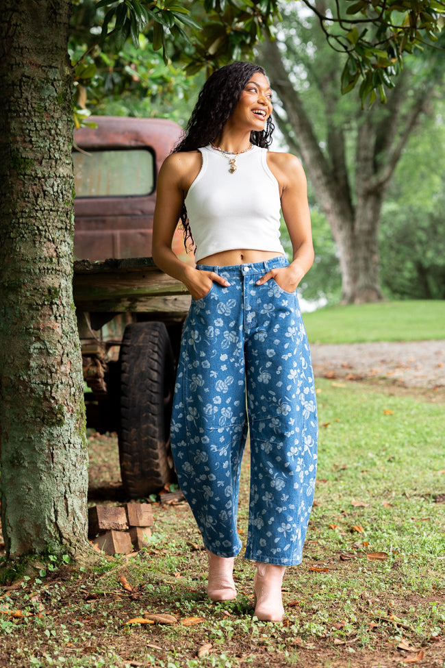 Katie Floral Printed Denim Barrel Jeans-Sunny Prom