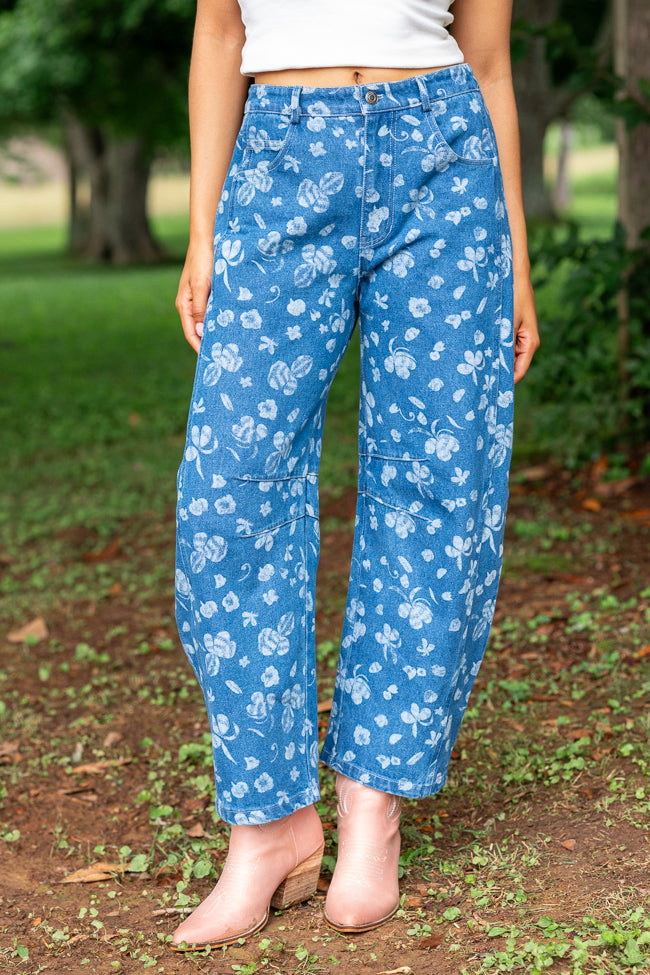Katie Floral Printed Denim Barrel Jeans-Sunny Prom