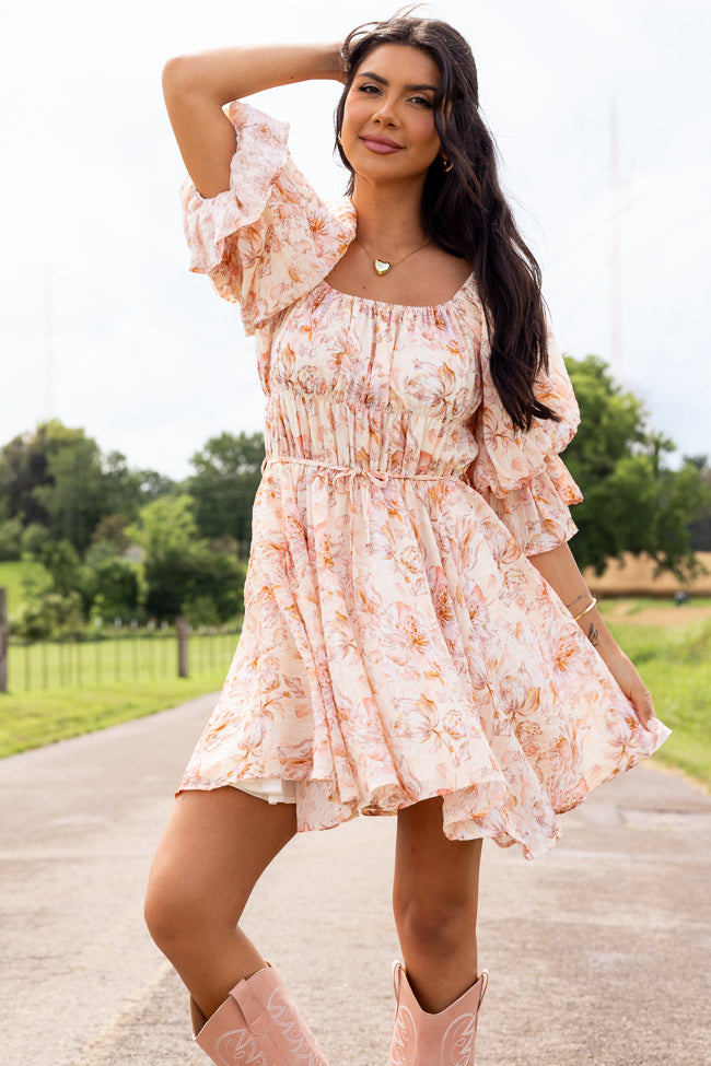 Misty Pink Floral Ruffle Sleeve Printed Dress-Sunny Prom
