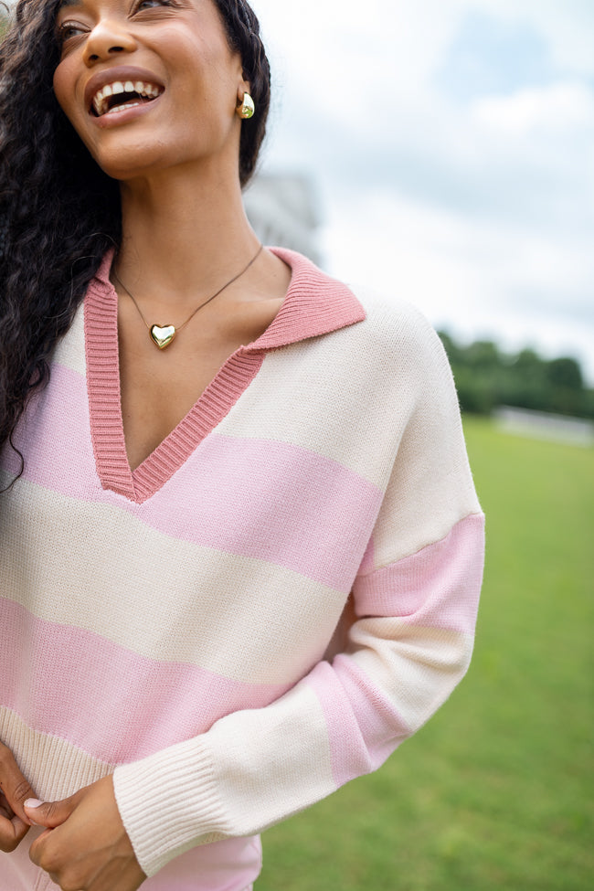 Hibiscus Pink and Cream Striped Collared V-Neck Sweater-Sunny Prom