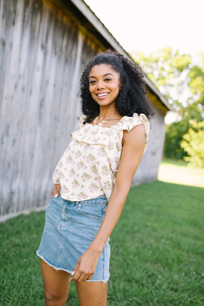 Mary Pink And Green Floral Printed Gauze Woven Tank-Sunny Prom