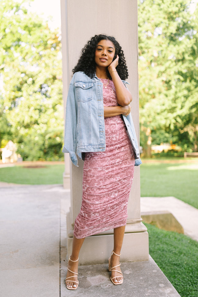 Ali Mauve Lace Print Mesh Midi Dress-Sunny Prom