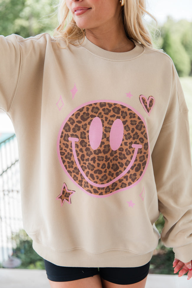 Leopard Smiley Face Cream Graphic Sweatshirt SALE-Sunny Prom