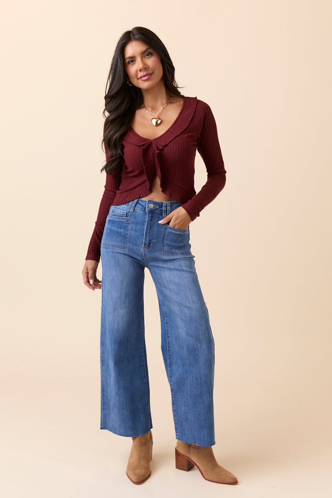 Linda Wine Ruffled Neckline Long Sleeve Knit Top-Sunny Prom