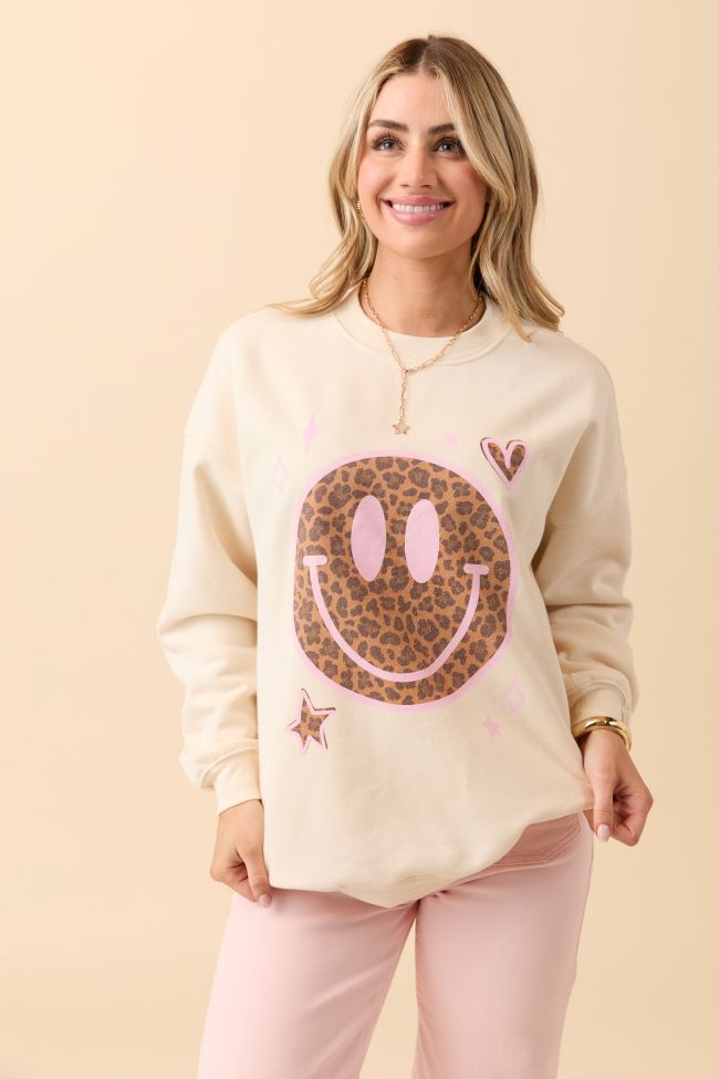Leopard Smiley Face Cream Graphic Sweatshirt SALE-Sunny Prom