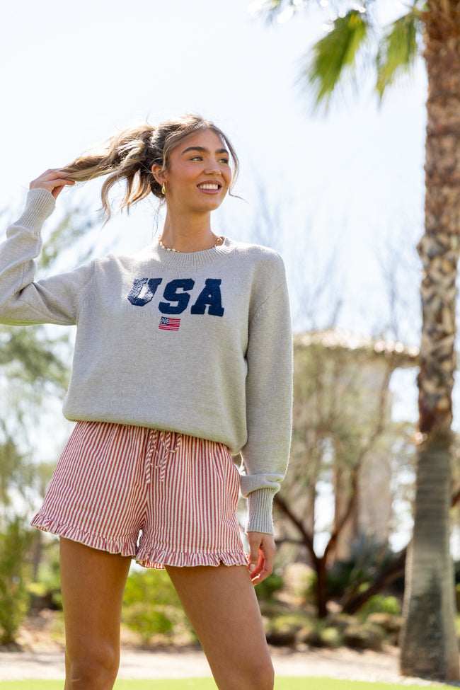 Miss Liberty Heather Grey USA Crew Neck Sweater FINAL SALE-Sunny Prom