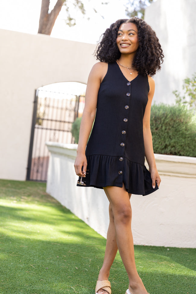 Sunset Romance Black Knit Button Front Mini Dress SALE-Sunny Prom