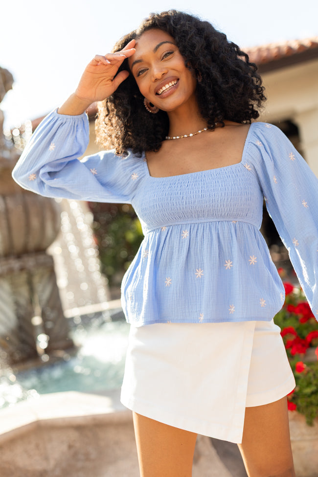 Darling Days Blue Floral Embroidered Gauze Top-Sunny Prom