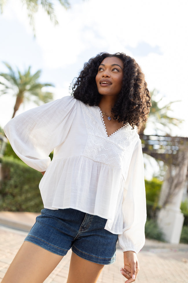 Glistening Lights Ivory Lace Detail Woven Long Sleeve Blouse SALE-Sunny Prom