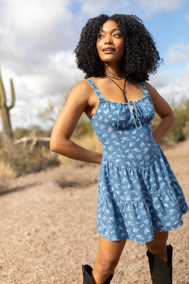 Harmonic Blooms Ditsy Floral Denim Mini Dress SALE-Sunny Prom