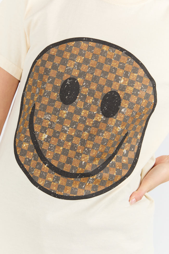 Neutral Checkered Smiley Ivory Graphic Tee SALE-Sunny Prom