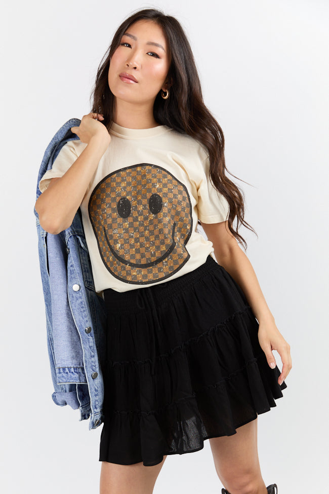 Neutral Checkered Smiley Ivory Graphic Tee SALE-Sunny Prom