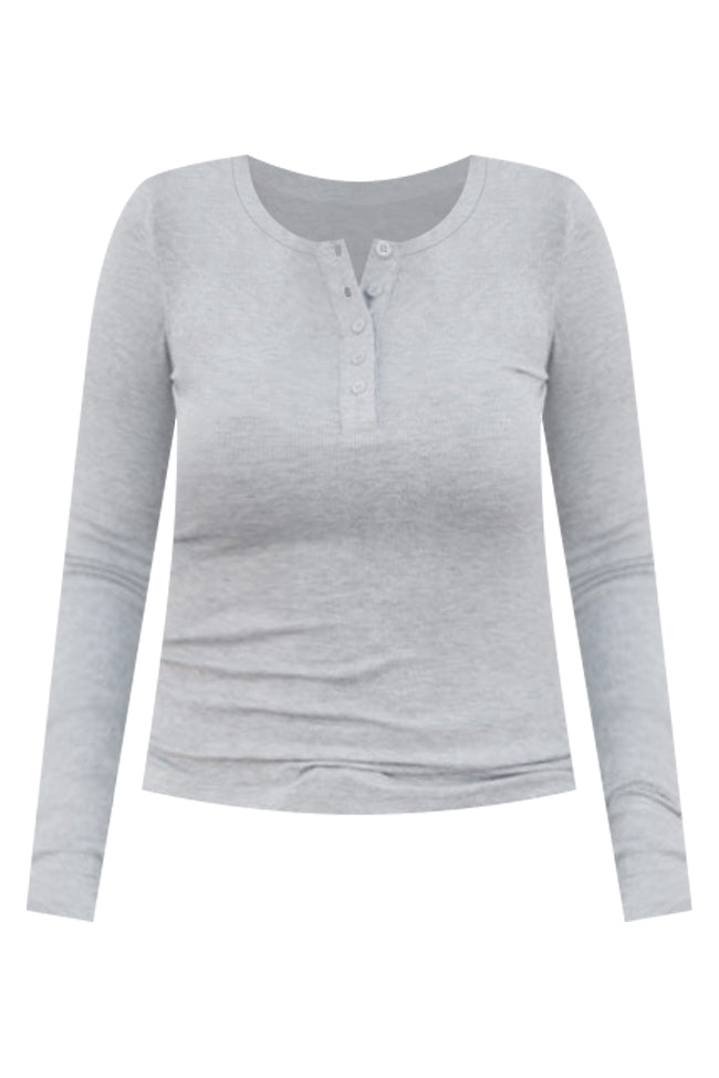 All The Better Grey Ribbed Knit Henley Long Sleeve Tee FINAL SALE-Sunny Prom