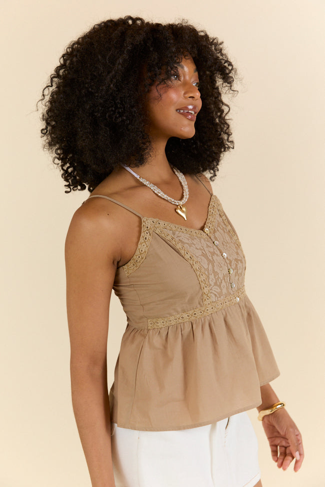 Boho Beat Brown Lace Detail Button Down Tank SALE-Sunny Prom