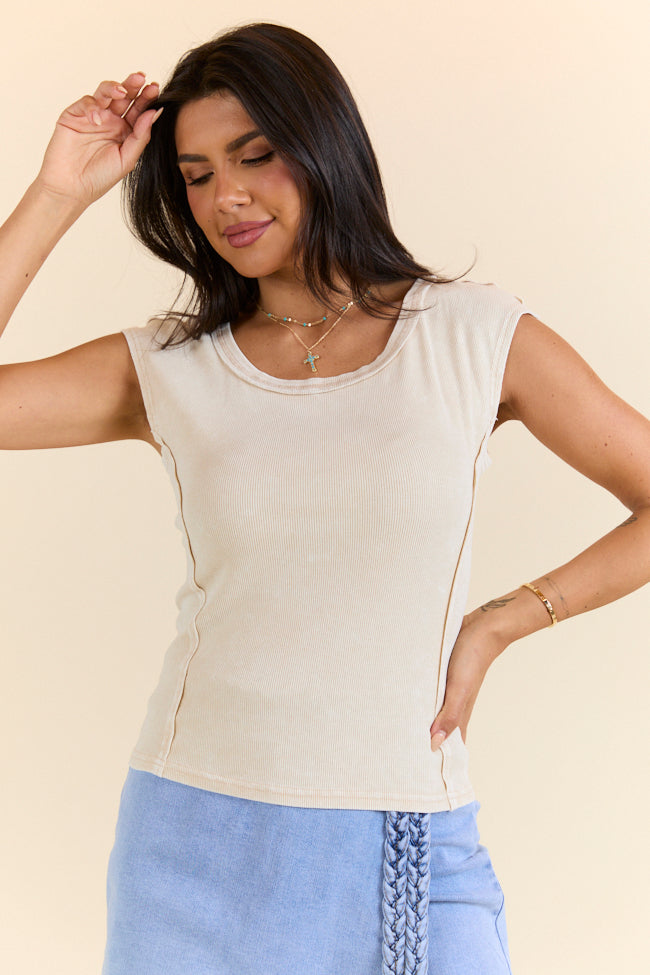 Classic Tunes Khaki Cap Sleeve Acid Wash Knit Top FINAL SALE-Sunny Prom