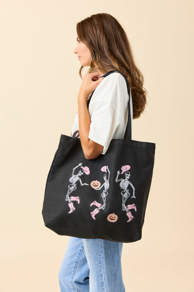 Dancing Skeletons Washed Black Graphic Tote Bag-Sunny Prom