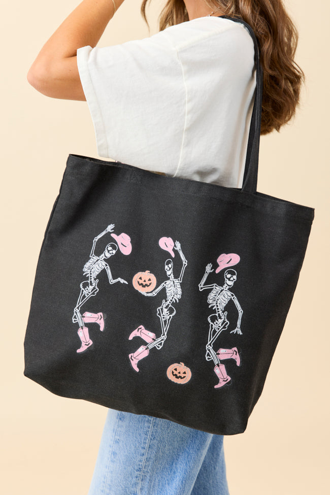 Dancing Skeletons Washed Black Graphic Tote Bag-Sunny Prom