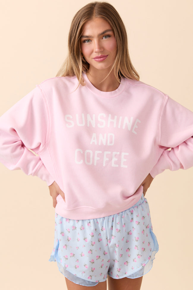 Sunshine and Coffee Soft Pink Raw Hem Fleece Graphic Sweatshirt SALE-Sunny Prom