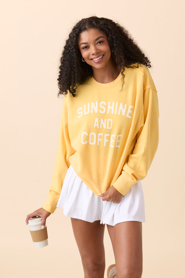 Sunshine and Coffee Yellow Raw Hem Fleece Graphic Sweatshirt SALE-Sunny Prom