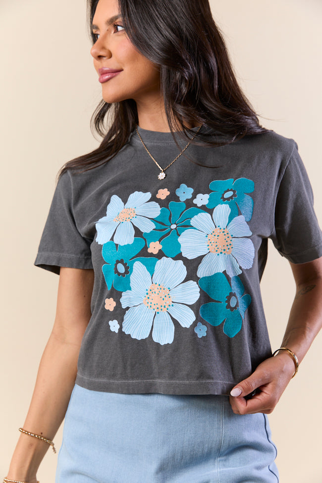 Organic Floral Print Grey Boxy Graphic Tee SALE-Sunny Prom