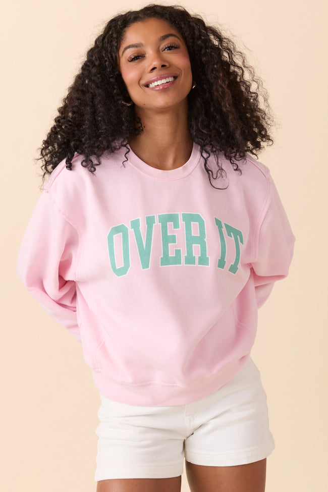 Over It Soft Pink Raw Hem Fleece Graphic Sweatshirt SALE-Sunny Prom