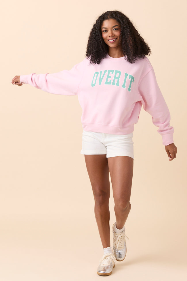 Over It Soft Pink Raw Hem Fleece Graphic Sweatshirt SALE-Sunny Prom