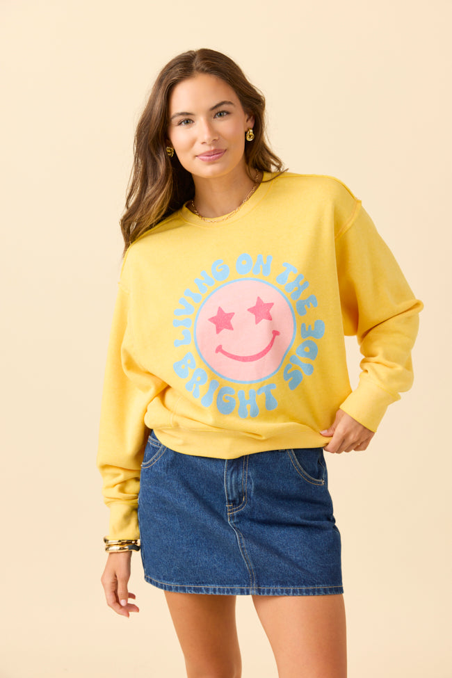Living On The Bright Side Yellow Raw Hem Fleece Graphic Sweatshirt SALE-Sunny Prom